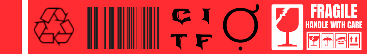 CITF barcode label with recycle mark, Ợ symbol and fragile marking.